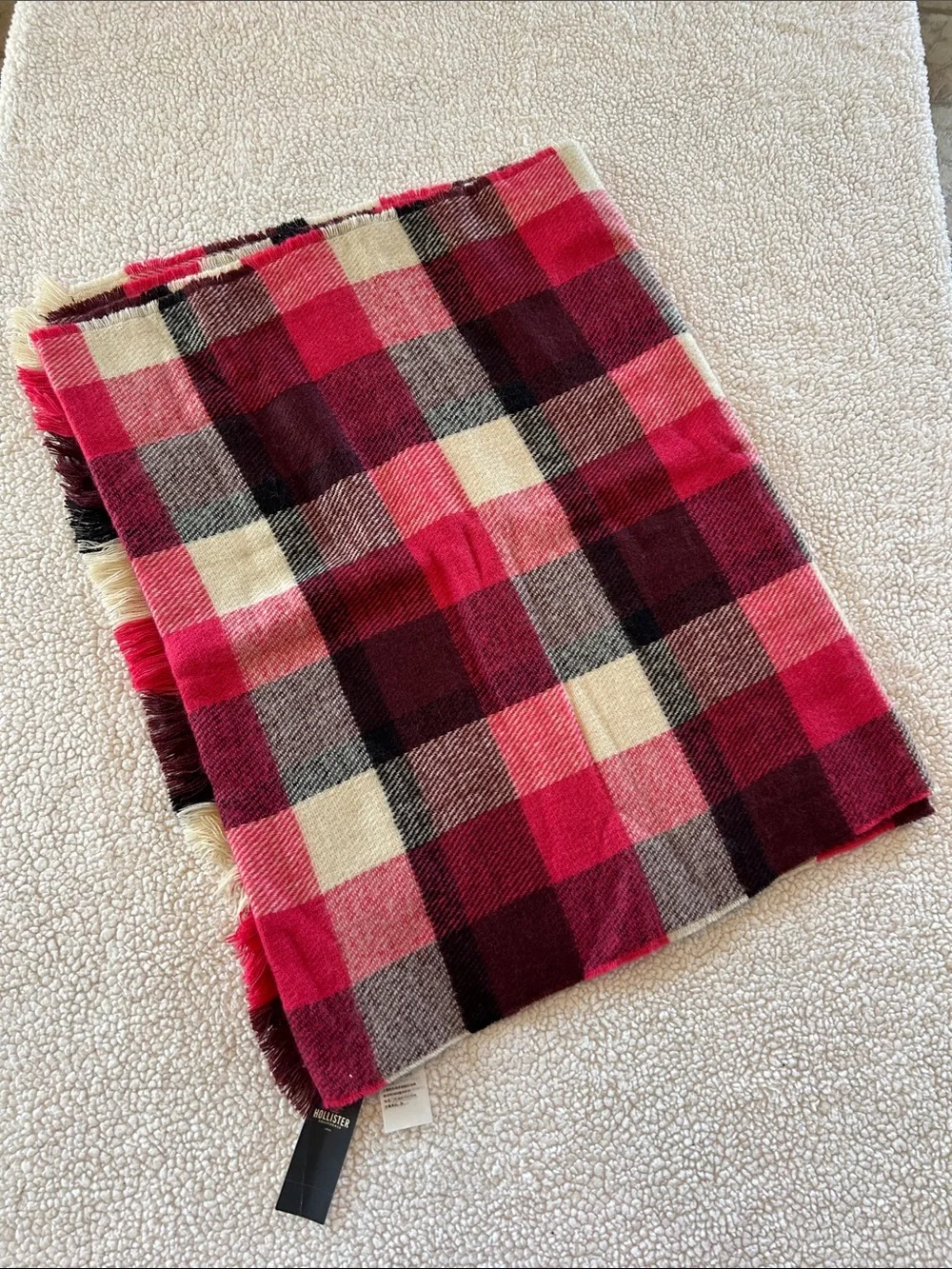 Hollister Pink and Cream Plaid Fringe Scarf